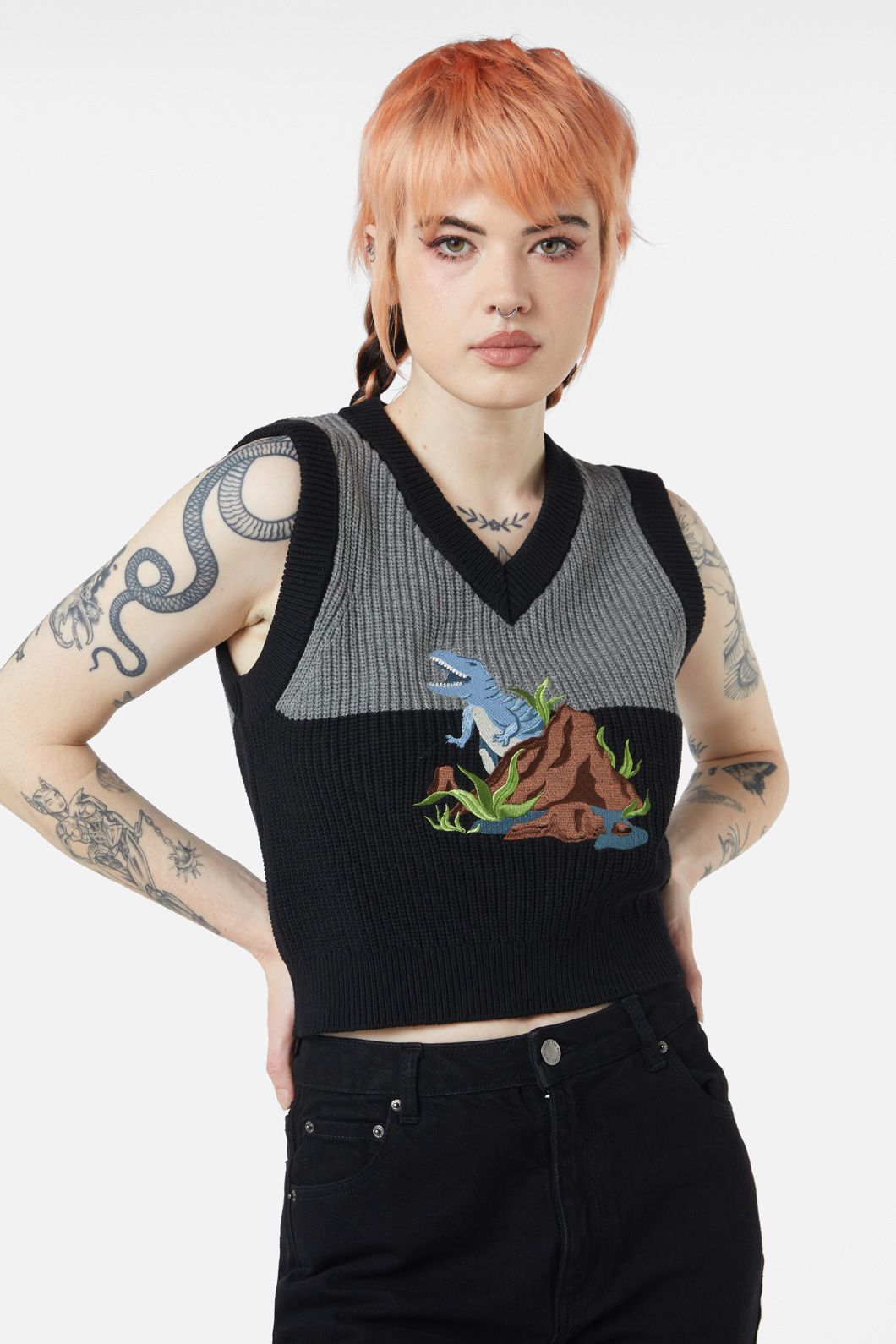 Dangerfield - Dinosaur Contrast Knit Vest - black