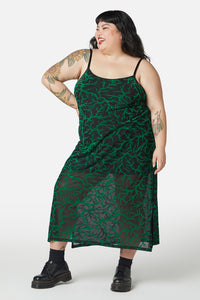 Dangerfield - Curve Neglected Flocked Mesh Midi Dress - black-green