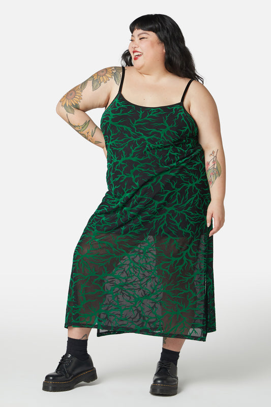 Dangerfield - Curve Neglected Flocked Mesh Midi Dress - black-green