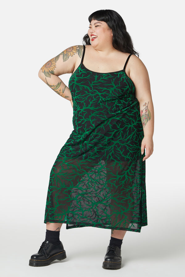 Dangerfield - Curve Neglected Flocked Mesh Midi Dress - black-green