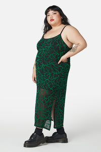Dangerfield - Curve Neglected Flocked Mesh Midi Dress - black-green