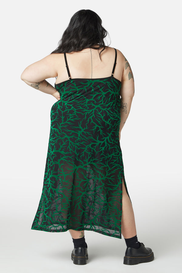Dangerfield - Curve Neglected Flocked Mesh Midi Dress - black-green