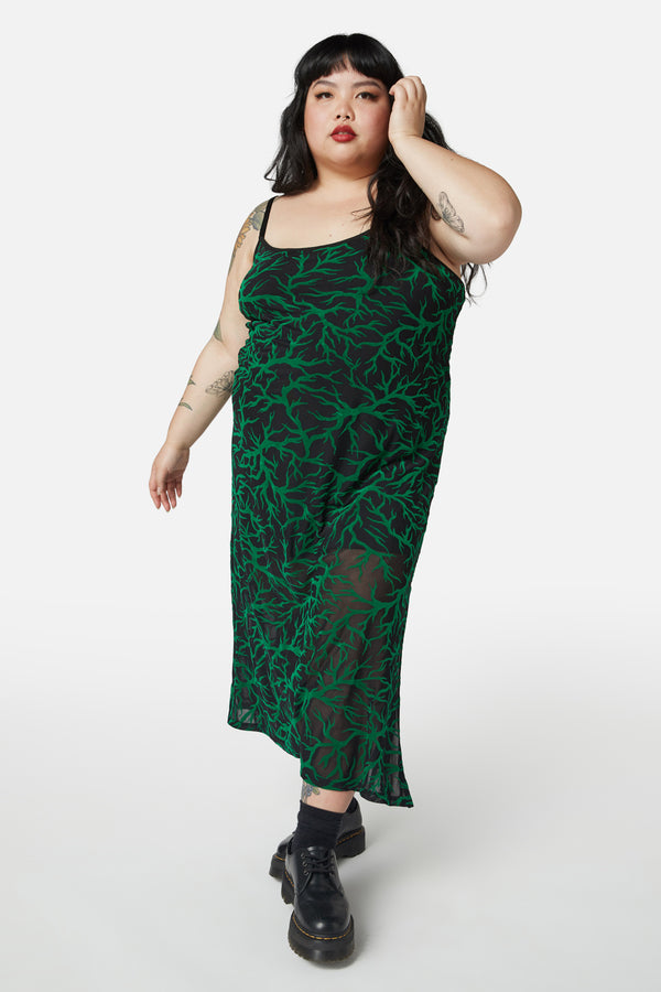 Dangerfield - Curve Neglected Flocked Mesh Midi Dress - black-green
