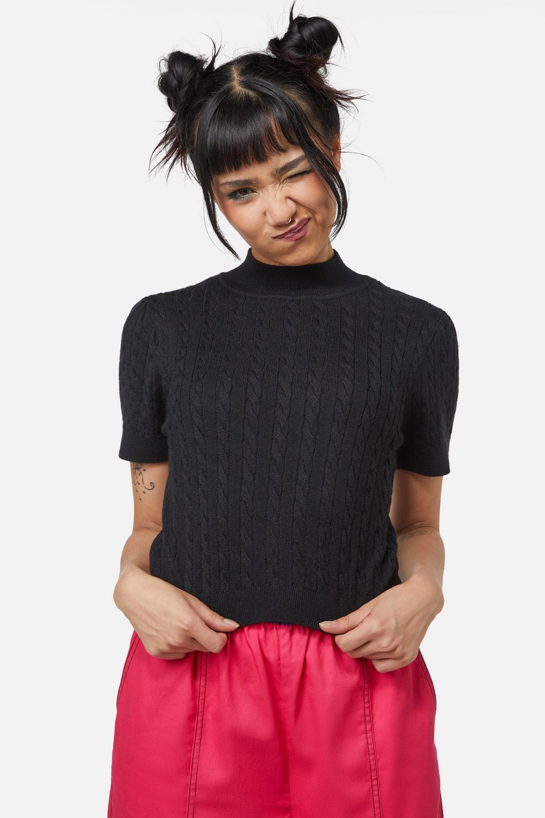 Dangerfield - Cable Knit Mock Neck Top - black
