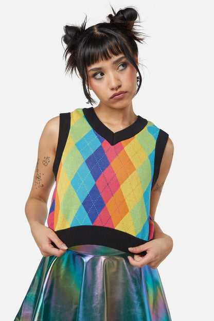 Dangerfield - Rainbow Argyle Knit Vest - rainbow
