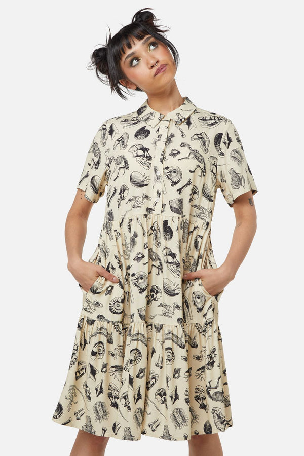 Dangerfield - Body Fossils Printed Dress - cream