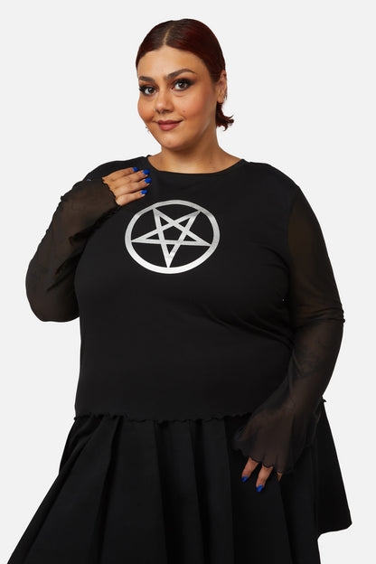 Dangerfield - Curve Pentagram Contrast Mesh Top - black
