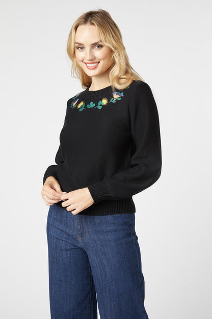 Princess Highway - Protea Embroidered Jumper - black