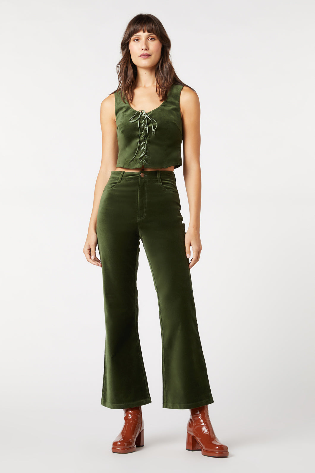 Wholesale Dark Green Velour Flared Trousers