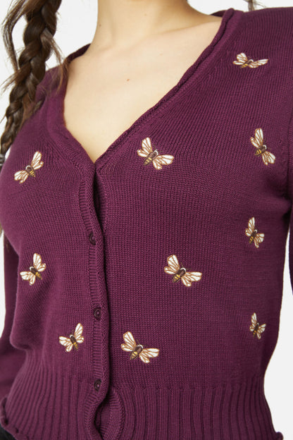 Princess Highway - NZ Bee Emb Cardi - plum