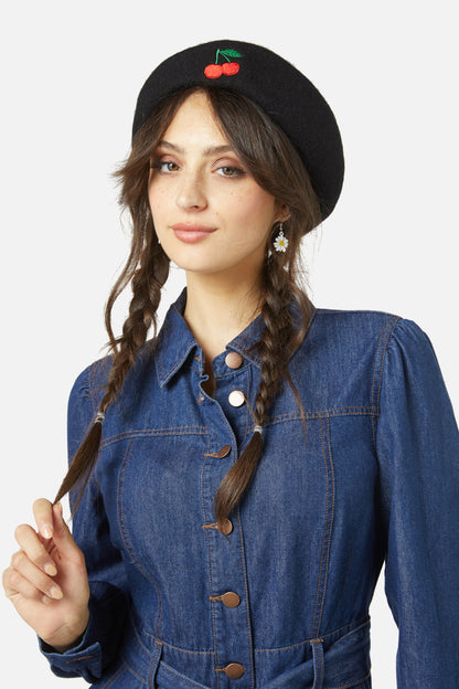 Princess Highway - Cherry Embroidered Beret - black