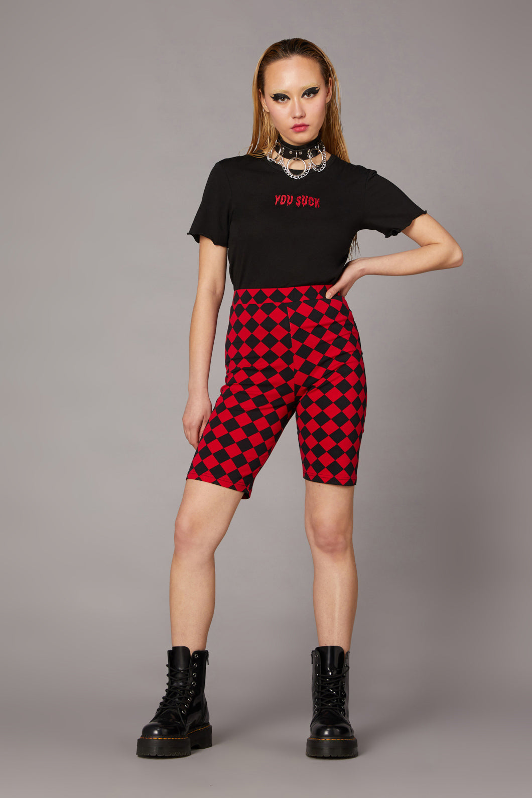 Black & Grey Checkerboard  Women's Short Sleeve Biker Short Set