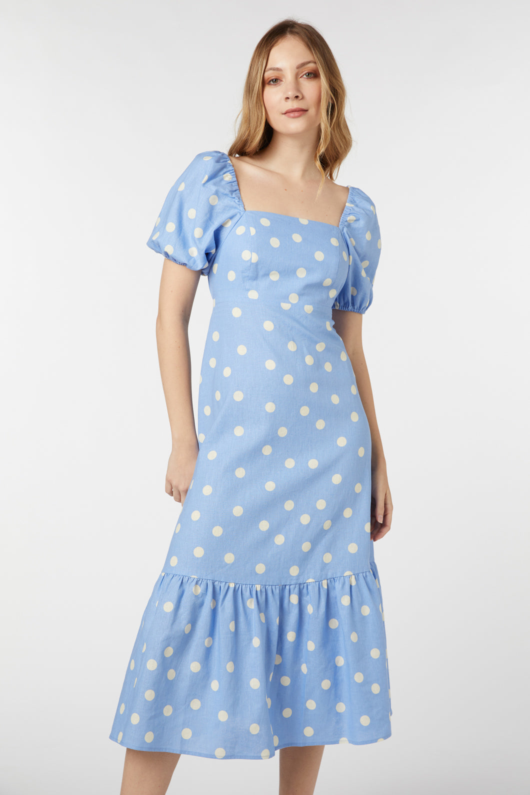 Darcy Yellow and Aubergine Contrast Polka dot Smocked Midi Dress main image 0